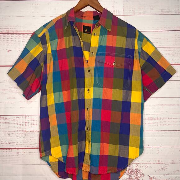 liz sport Tops - Vintage Liz Sport Multi Color Plaid Short Sleeve Button Up Women's Size Medium
